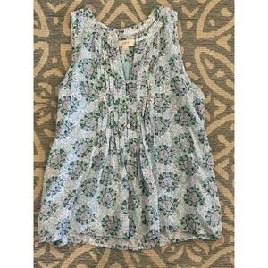 Loft Top Blouse Aqua Blue Green Print‎ V Neck Sleeveless Womens Petite Small SP